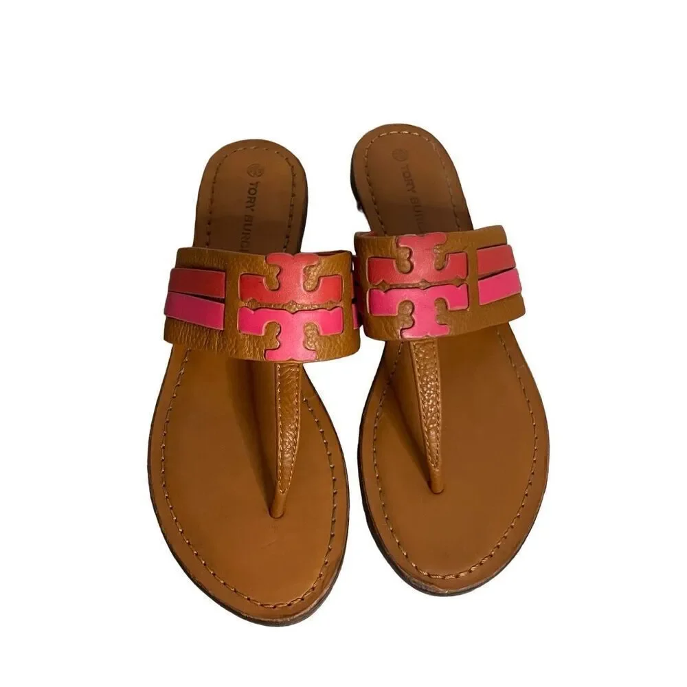 TORY BURCH LEIGH AMBRA CARNELIAN AZALEA LEATHER THONG SANDALS Women’s Size 8